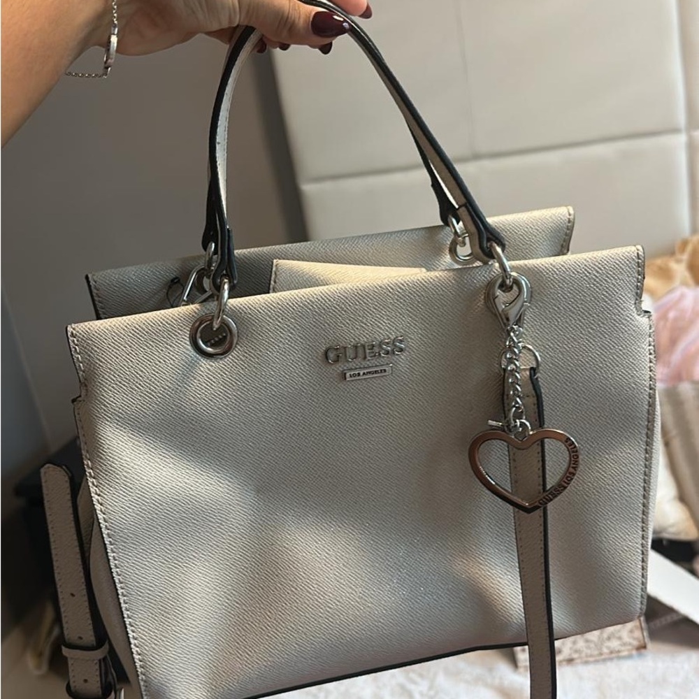 GUESS Elegant Cream Tote with Heart Charm